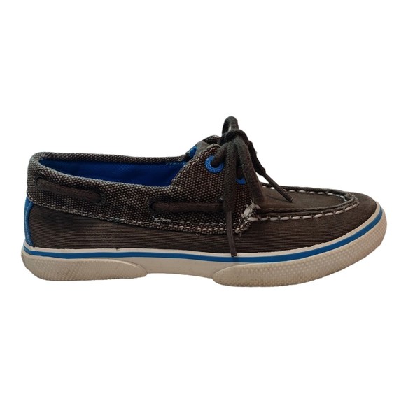 SPERRY Other - Sperry Top-Sider Boys Boat Shoes Size 11M Brown Canvas Blue Accents Tie Laces